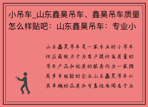小吊车_山东鑫昊吊车、鑫昊吊车质量怎么样贴吧：山东鑫昊吊车：专业小吊车供应商