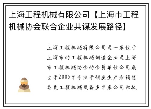 上海工程机械有限公司【上海市工程机械协会联合企业共谋发展路径】
